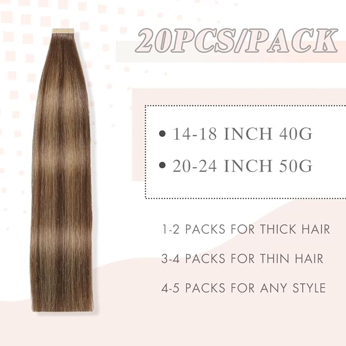 Human Hair Tape in Extensions Chocolate Brown Mixed Honey Blonde 22 Inch 20pcs Tape in Hair Extensions Human Hair Sided Remy Invisible Tape in Hair Extensions Human Hair (4/4/27#,22 Inch)