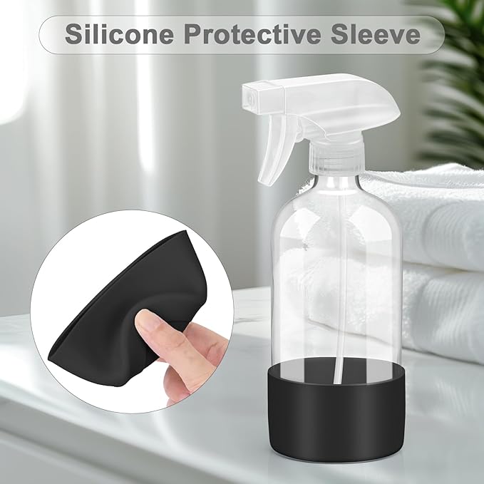 2 Pack Glass Spray Bottles with Silicone Sleeve, 16 oz Empty Refillable Containers with Adjustable Spray Nozzles, Spray Bottles for Hair, Cleaning Solutions and Plants Black&Grey