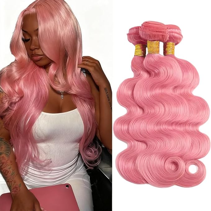 Pink Human Hair Bundles Hot Pink Body Wave Bundle Niegmeag Brazilian Virgin Soft and Silky Remy Hair 3 Bundles 24 26 28 Inch Double Weft Hair Weave Light Rose Color
