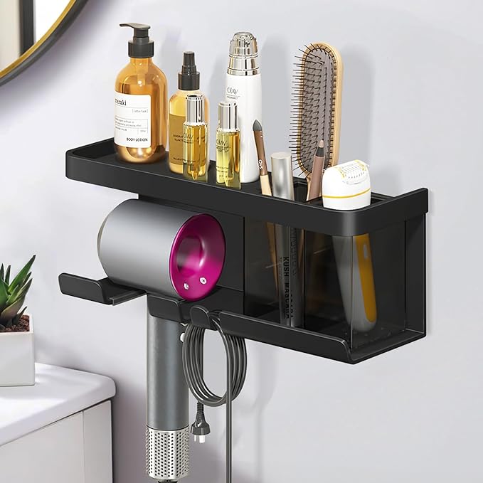 Hair Dryer Holder, Blow Dryer Organizer, Hair Dryer Holder Wall Mounted with Shelf for Bathroom, Salon, Bedroom Organizers & Storage(Matte Black)