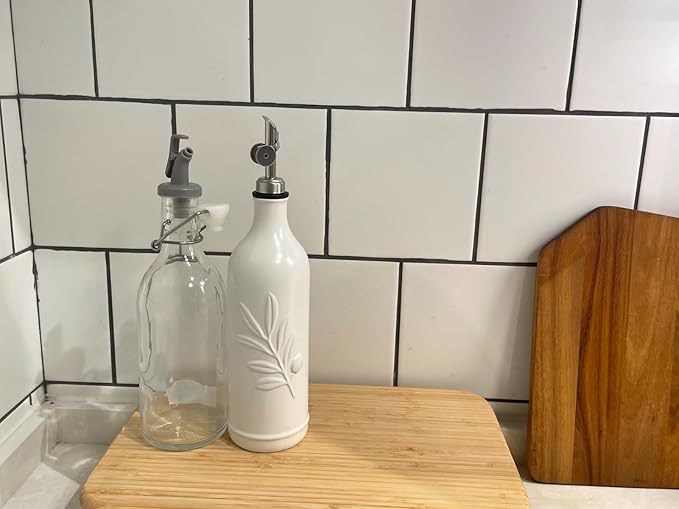20 Oz Ceramic Olive Oil Dispenser Bottle, with Stainless Steel Spout & Funnel, Ideal for Oil, Vinegar, Coffee Syrup & Liquids (White)