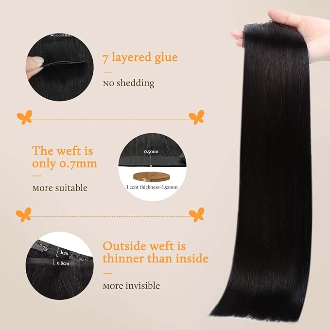 DOORES Seamless Clip-in Hair Extensions, Natural Black 22 Inch 110g 7pcs, Real Human Remy Hair with Skin Weft Invisi Edge Straight