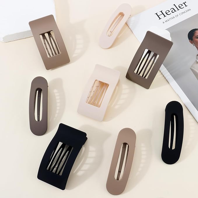 Velscrun Flat Hair Clips for Women Girls, 2 Styles 8 Pcs Lay Flat Claw Clips, Strong Hold French Duck Billed Large Side Hair Jaw Clip for All Hair Types, Fashion Trendy Hair Accessories Brown
