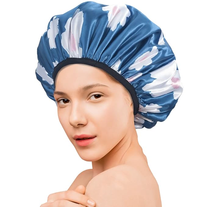 Aquior Shower Cap,Terry Lined Shower Cap for Women Reusable, Triple Layer Waterproof Bath Cap, Extra Large for Women Long Hair