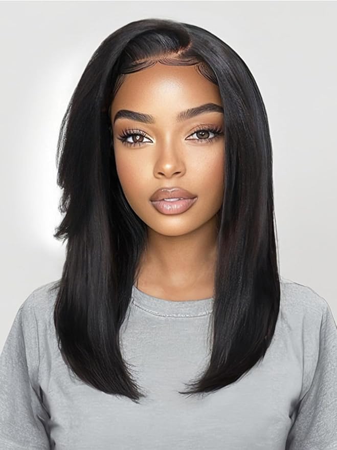 Yiroo Light Yaki Straight Wig Human Hair with Side Swept Bangs,7x5 Lace Front Bye Bye Knots Glueless Wig Human Hair Pre Plucked Pre Cut,Elastic Drawstring Wear and Go Wig for Women 150% Density 22Inch
