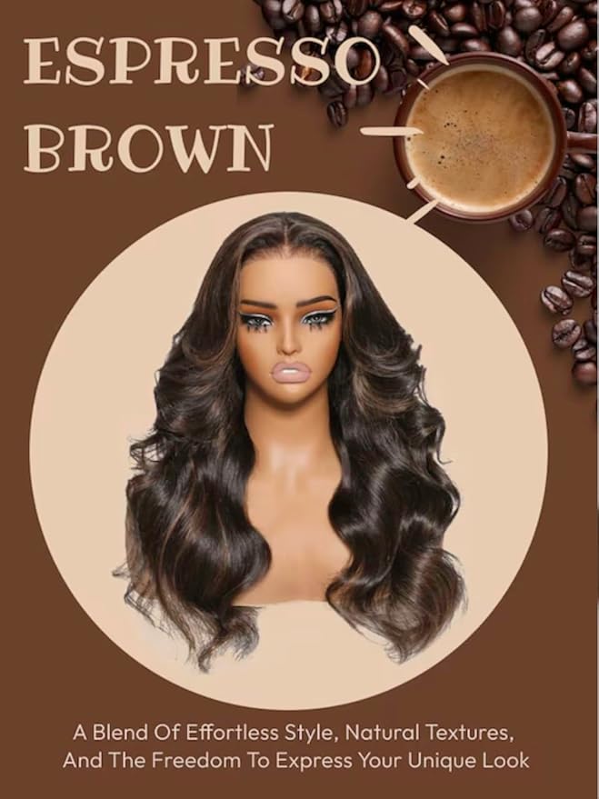 KLAIYI 13x4 Pre Everything Lace Front Chocolate Brown With Highlights Loose Body Wave Wig Human Hair Pre Cut Lace Pre Bleached Bye Bye Knots Pre Plucked Ombre Glueless Wear Go Wig Ready to Wear 26Inch