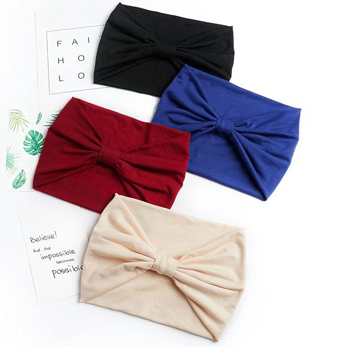 Wide Headbands Stretch Turban Knotted Hairbands Elastic Yoga Workout Sweatband Running Sport Head Scarf Large African Head Wraps for Women 4 Pcs (Set B)