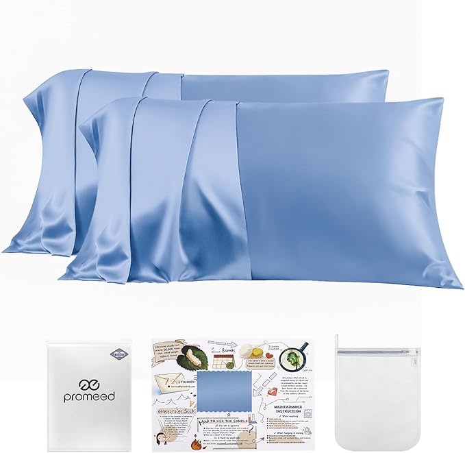 PROMEED 23 Momme Silk Pillowcase 2 Pack for Hair and Skin, 3rd Gen Grade 6A+ 100% Mulberry Silk Pillow Case Set of 2, Cooling Pillow Cases for Hot Sleepers (Standard 20"x26", Light Blue)