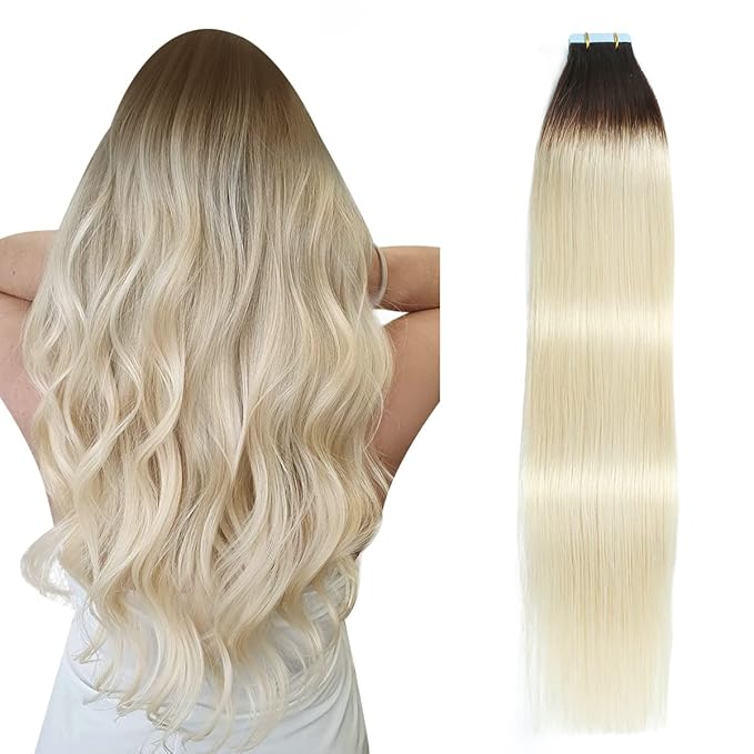 SUYYA Tape in Hair Extensions Human Hair Ombre Darkest Brown to Platinum Blonde 18 Inch 50g/pack 20pcs Straight Seamless Skin Weft Tape in Real Human Hair Extensions(18inch #T2/60)