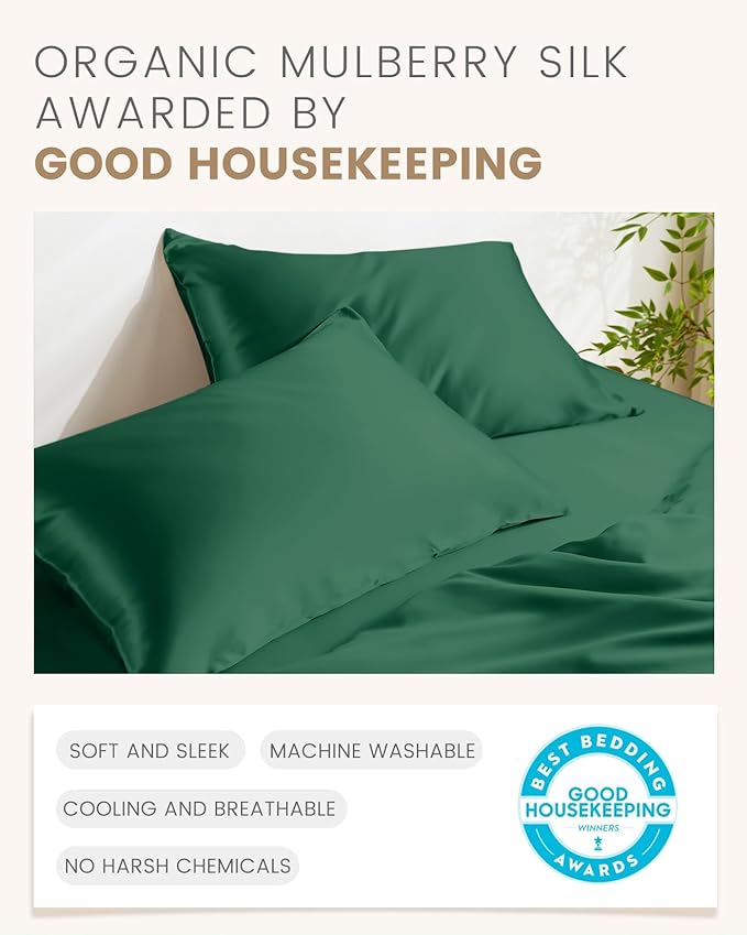 THXSILK Set of 2 100% Mulberry Silk Pillowcase for Hair and Skin Heath, Grade 6A+ Mulberry Silk Both Sides, Hypoallergenic Pillow Cover with Zipper, Best Gift Choice (King 20"x36", Emerald Green)
