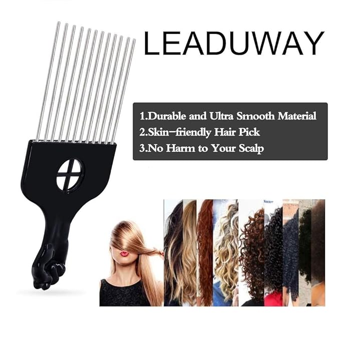 2 Pack Afro Comb and Metal Wig Detangler - Braid Styling Comb for Detangling and Styling Hair, Hair Pick