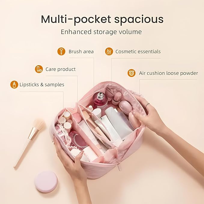 Amposei Makeup Bag Travel Toiletry Bag,Travel Makeup Bag for Women, Puffer Waterproof Cosmetic Organizer, Large Capacity Pouch Open Flat Small Toiletry Bag with Brush Compartment & Handle (White)