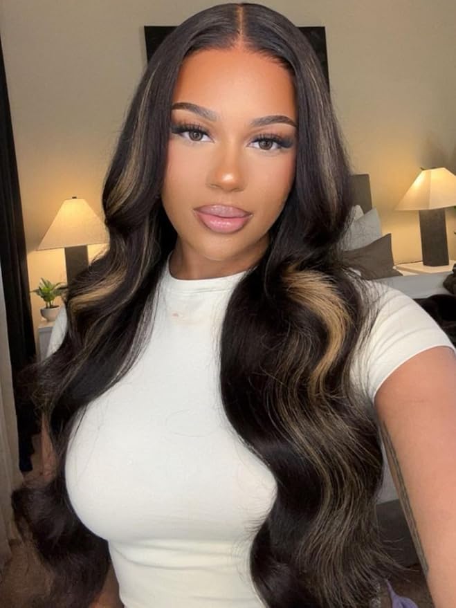 KLAIYI Bye Bye Knots Wear and Go Glueless Wig Highlight Blonde Body Wave 7x5 Precut HD Lace Front Wig Human Hair Pre Bleached Pre Plucked Ombre Wig with Dark Roots Chocolate Brown Ready to Wear 14Inch