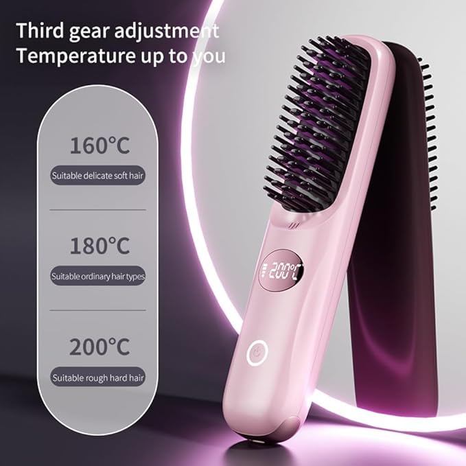 Cordless Hair Straightener Brush: Portable Rechargeable Heated Straightening Comb with LED Display & 3 Temperature Settings - Travel Hair Brush for Smooth Frizz-Free Styling (Pink)