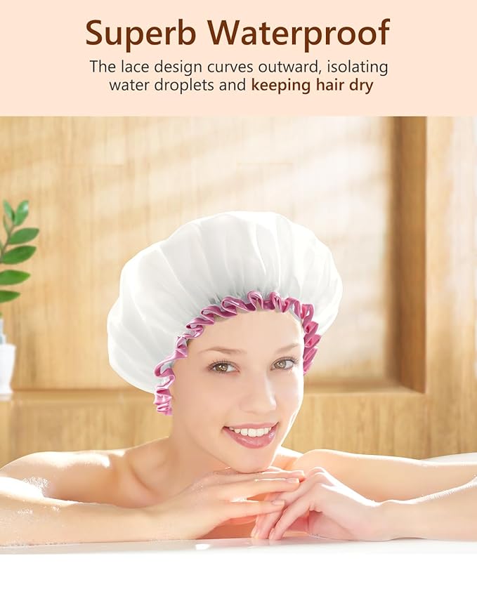 mikimini White Large Shower Cap for Women Long Hair, Reusable Waterproof Double Layers Bathing Hair Cap Soft Comfortable PEVA Lining, Cute, Non-fading & Stretchy Shower Hat X-Large Pack of 1