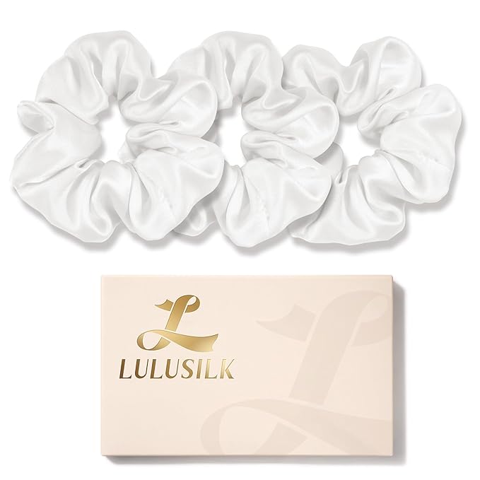 LULUSILK Silk Scrunchies for Hair Sleep, 100% Real Mulberry Silk, No Damage Hair Ties for Women and Girls, Gorgeous White, Pack of 3