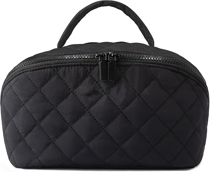 Petition Travel Makeup Bag for Woman,Festivalment Lay Flat Makeup Bag, Wide Open Water-Resistant Cosmetic Case,Puffy Padded Organizer for Toiletries & Brushes Large Capacity with Compartments (black)
