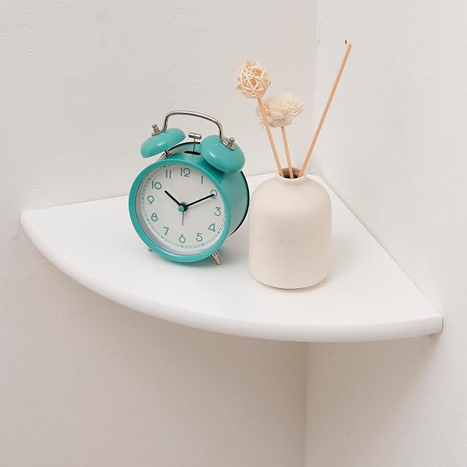 Corner Shelf, White Solid Oak Wood Floating Corner Shelves Wall Mount Round End Floating Speaker Rack for Small Plant Photo Frame (White, 8.6in)