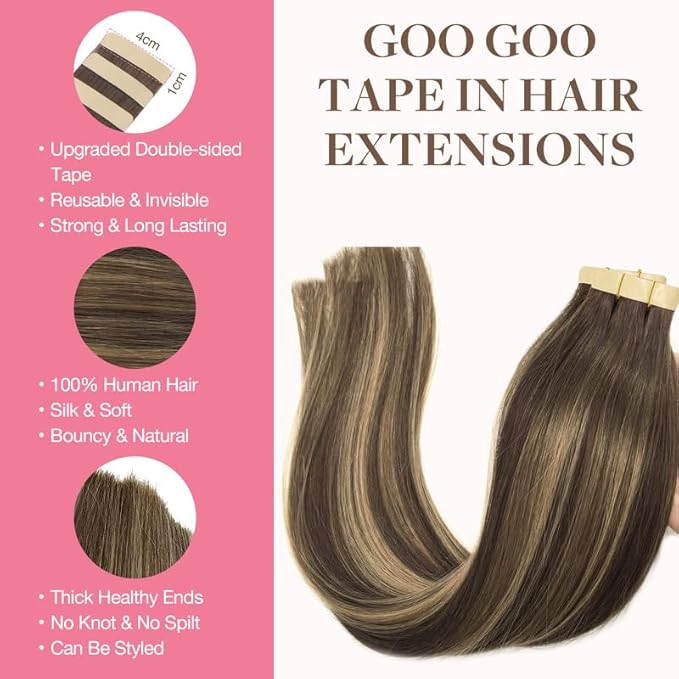 GOO GOO Tape in Hair Extensions Human Hair, 4/26/4 Balayage Chocolate Brown to Honey Blonde, 18inch 25g 10pcs, Skin Weft Seamless Invisible, Silky Straight with Thick Ends, Remy Human Hair