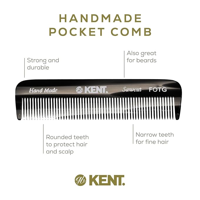 Kent FOT Black Graphite Fine Tooth Comb for Men - Handmade Pocket Comb for Travel, Styling, Fine or Thinning Hair, Mustache and Beard Care Handpolished Saw-Cut Made in England