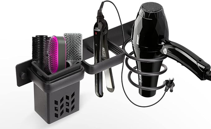 YUET Hair Dryer Holder Hairdryer Station Wall Mounted Spiral Shelf Bracket Stand Hanger Straightener Organizer Blow Storage with Holes Rack For Bathroom Aluminum Professional (Black With Cup)
