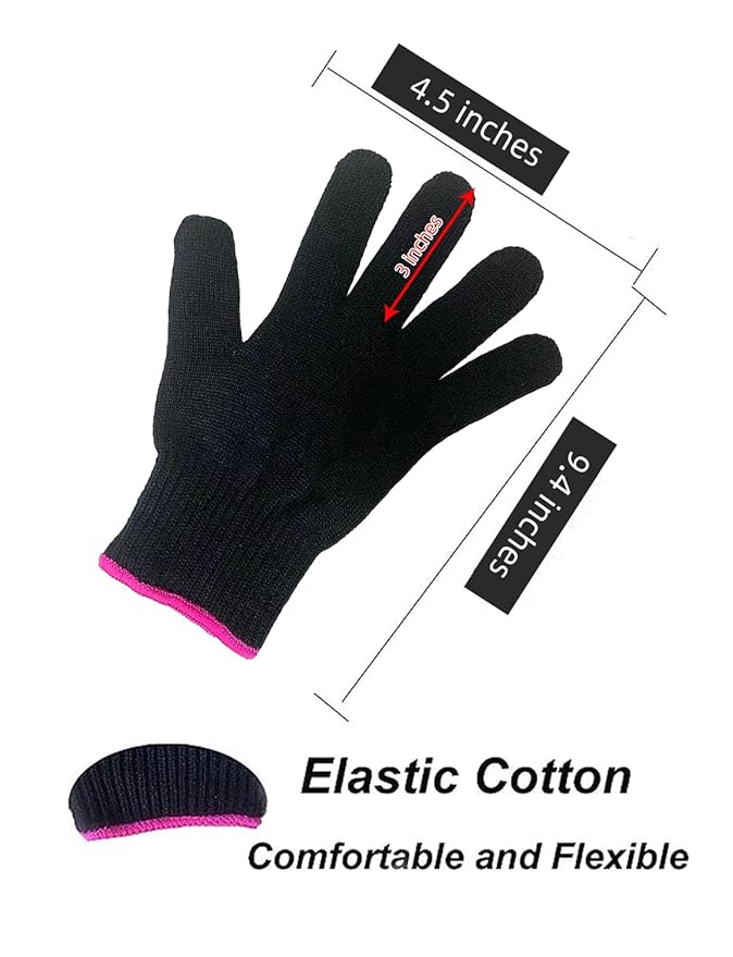2 Heat Resistant Glove for Hair Styling, Curling Iron, Flat Iron and Curling Wand, Black, Pink Edge