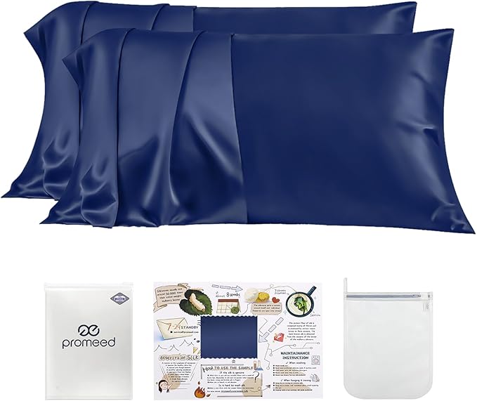 PROMEED 23 Momme Silk Pillowcases 2pcs Set, Mulberry Silk Pillow Case Set of 2, Ultra Soft Silk Pillowcase for Hair and Skin (Queen 20"x30", Navy)