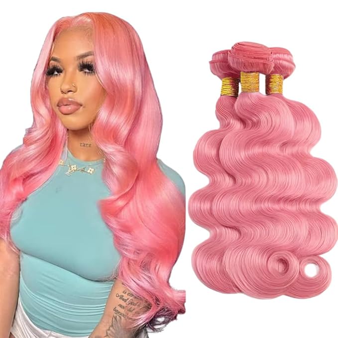 Pink Bundles Human Hair Light Pink Body Wave Bundles 20 22 24 Inch Niegmeag Peruvian Virgin Remy Hair Extensions Double Weft Soft and Silky Hot Pink Bundle Hair Weave