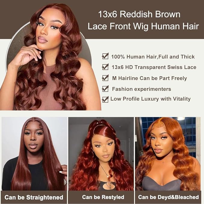 BVH 30 Inch Reddish Brown 13x6 Lace Front Wigs Human Hair Body Wave Wigs Human Hair 200 Density Hd Lace Frontal Wigs M Hairline 33# Brown Wigs (13x6 Reddish Brown Lace Front Wigs Human Hair, 30 Inch)