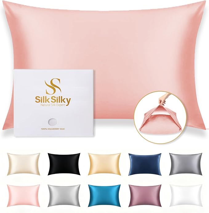 SilkSilky 100% Mulberry Silk Pillowcase - Pure 22 Momme High-Grade 6A Fibers for Hair & Skin, Envelope Closure, Natural, Organic, Breathable & Cooling Pillow Case (King, Pink)