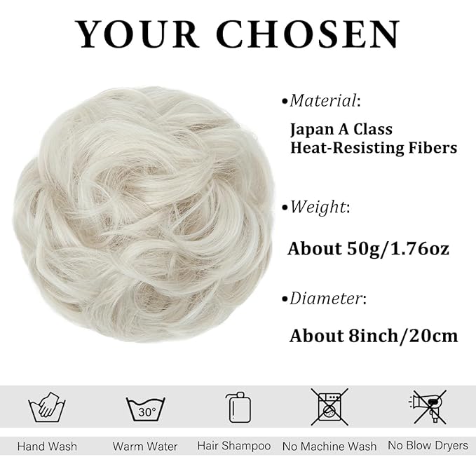 CJL HAIR Large Messy Bun Hair Piece Wavy Curly Scrunchies Synthetic Chignon Ponytail Hair Extensions Thick Updo Hairpieces for Women Ice Blonde