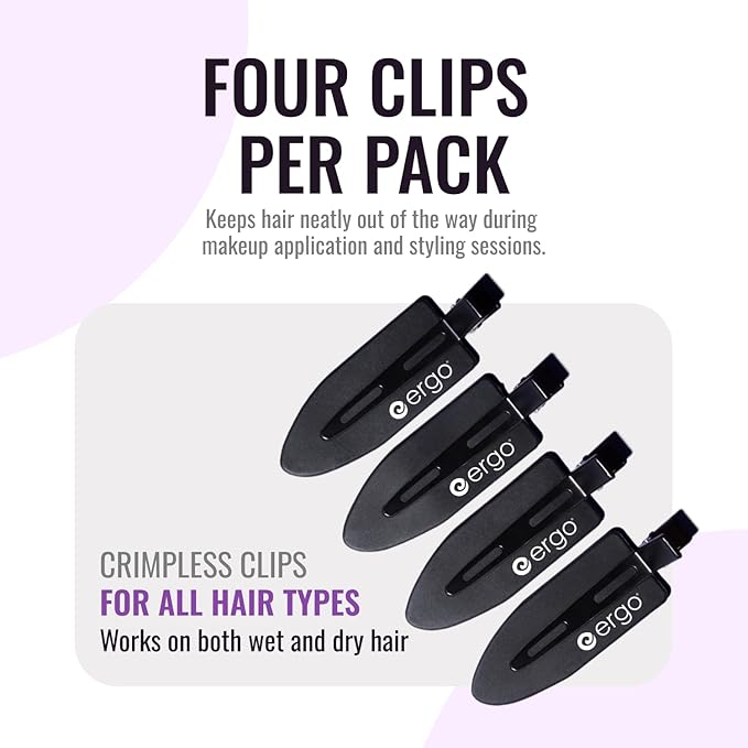 ERGO No-Crease Hair Clips – 4 Pcs Heat-Resistant Crimpless Clips for Hair Styling, Sectioning, Makeup | No Bend Clips for Women, Curls, Bangs, Salon Use