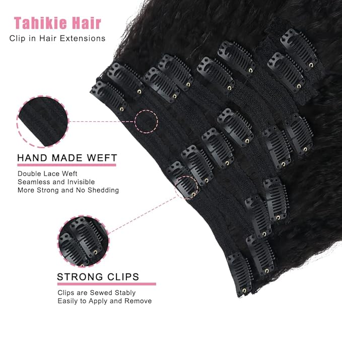 Kinky Straight Human Hair Clip in Extensions 120g Full Head Clip ins for Women 100% Unprocessed Brazilian Virgin Human Hair Yaki Straight Clip ins Remy Hair Natural Black 8Pcs 18Clips 20inch