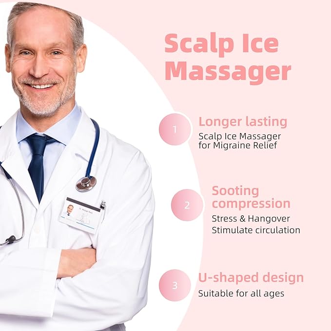 Scalp Ice Massager for Migraine Relief, Headache Care Ice Therapy Back to School Essentials, Stress & Hangover Natural Cooling Therapy Detachable Ice Compress Tool (Pink)