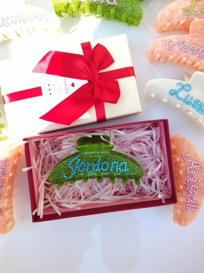 Personalized Hair Claw Clips with Rhinestones - Custom Name Engraved Cute Bridal Hair Accessories (Pearl Blue)