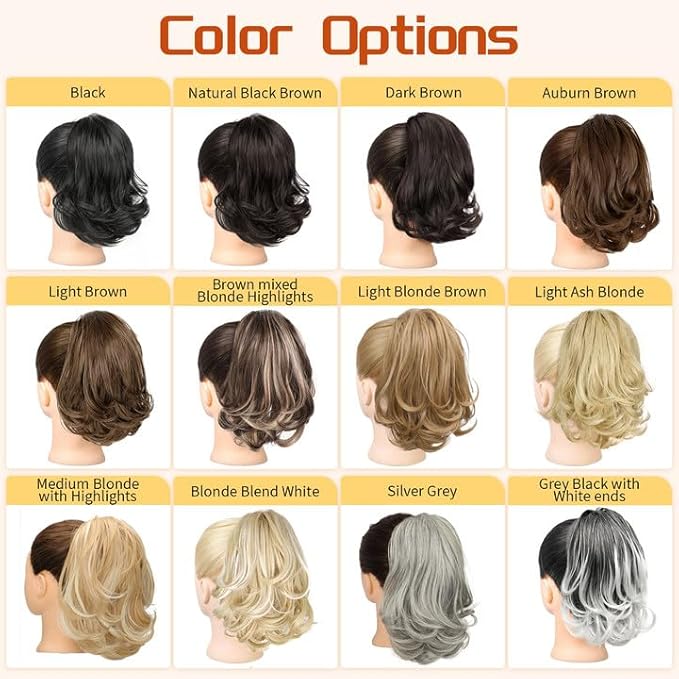 KooKaStyle Ponytail Extension, 10" Short Claw Clip in Pony Tails Hair Extensions Curly Wavy Synthetic Drawstring Hairpieces for Women(Grey Black with White ends)