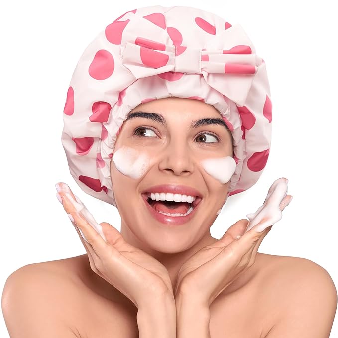 LitBear Luxury Silk Lined Shower Caps for Women Reusable Waterproof, Double Layered Large Bathing Hair Cap with Adjustable Elastic Strap, Non-slip, Quick-dry, for Long Short Hair, Pink Dots