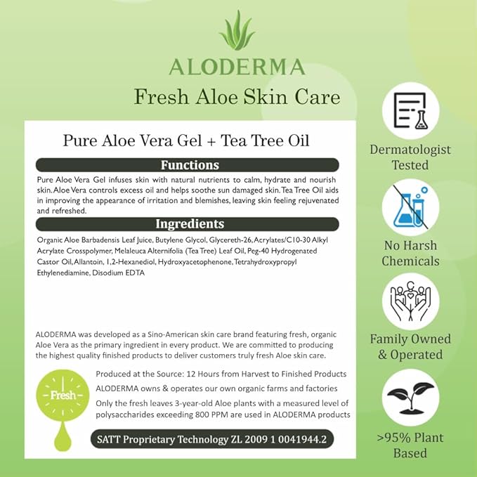 Aloderma Aloe Vera Gel + Tea Tree Oil, Made with Refreshing Organic Aloe for After Sun Skin Care, Multipurpose Use for Hair and Scalp, and Face or as a Shaving Gel or Aftershave - 10.6Oz x 6btls