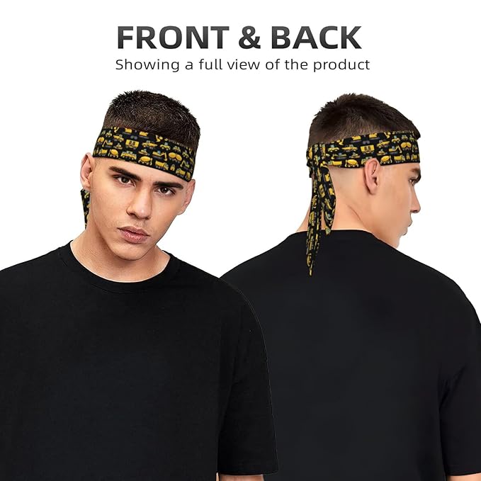 Men Women Sports Sweat Bands, Multifunction Long Head Ribbon for Yoga Workout Shower, Fashion Cool Black Yellow Buldozer Excavator Construct Machines Headwear Hair Decor