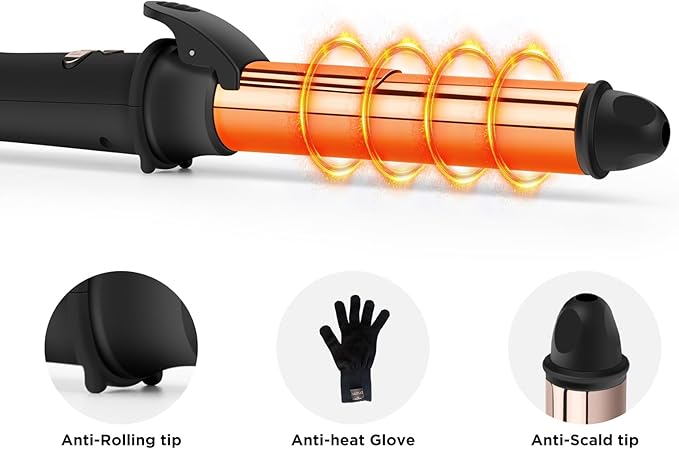 Prizm 1.25inch/32mm Automatic Curling Iron for Big Curler, Rotating Curling Wand Up to 450°F, LCD Display, Auto-Shut Off & Dual Voltage, Negative Ion