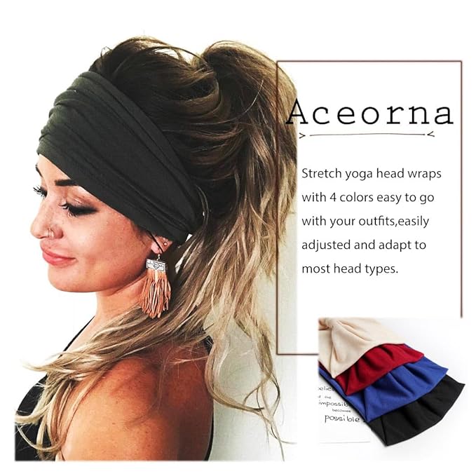 Wide Headbands Stretch Turban Knotted Hairbands Elastic Yoga Workout Sweatband Running Sport Head Scarf Large African Head Wraps for Women 4 Pcs (Set B)