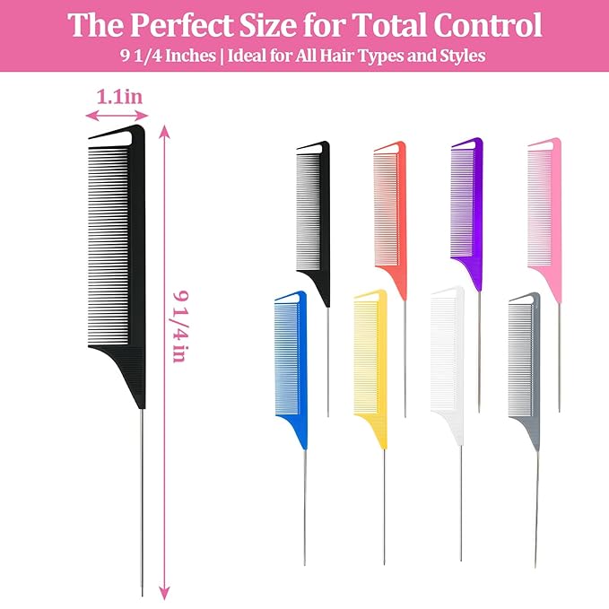 8 Pack Rat Tail Combs Set Stainless Steel Pintail Comb, Professional Rat Tail Combs for Styling, Sectioning & Hair Coloring for Salon & Home Use