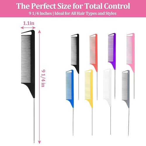 16 Pack Rat Tail Combs Set Stainless Steel Pintail Comb, Professional Rat Tail Combs for Styling, Sectioning & Hair Coloring for Salon & Home Use