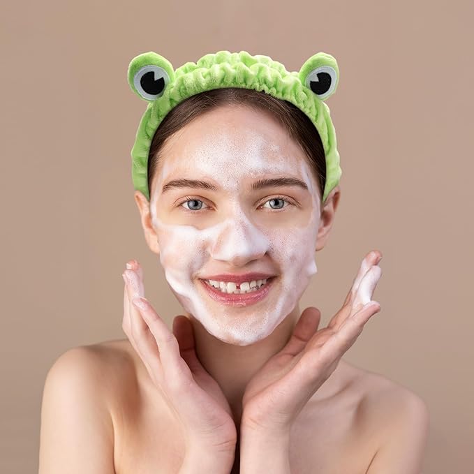 Soft Spa Headband and Wristbands for Face Washing, Cute Frog Makeup Headbands Elastic Skincare Hair Band Shower Head Wraps Hair Accessories for Women Girls