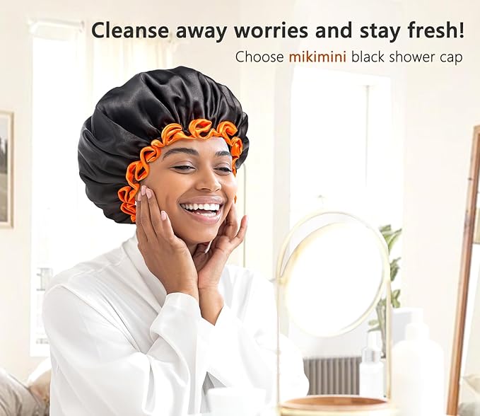 mikimini Black Shower Caps 2 Packs, Double Layers Waterproof Bathing Hair Cap with Reusable Soft Comfortable PEVA Lining, Cute, Non-fading & Stretchy Shower Hat Medium (Pack of 2) Black + Orange