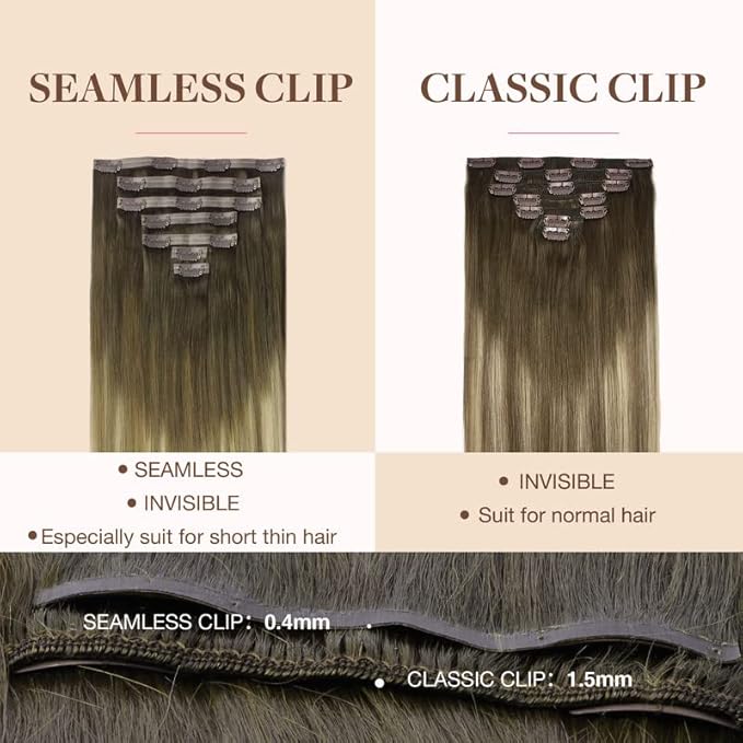 GOO GOO Clip in Hair Extensions Real Human Hair, Remy Human Hair Extensions Clip ins for Women, Natural Human Hair, 18inch 110g 7Pcs, 3/8/613 Balayage Walnut Brown to Ash Brown and Bleach Blonde