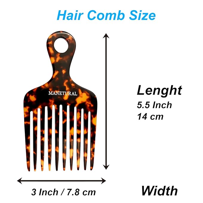 14MX Hair Pick for Women, Wide Tooth Afro Comb for Curly Hair, Cellulose Acetate, 5.5 inches(14 cm), Tortoise, 1 PACK