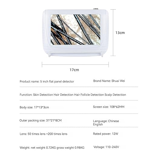 Skin Hair Analyzer, 5-inch 50X/200X Scalp Analysis Machine Rechargeable Hair Follicle Skin Analyser Tester Machine HD Scalp Detector Digital Skin Health Detection for Home Salon