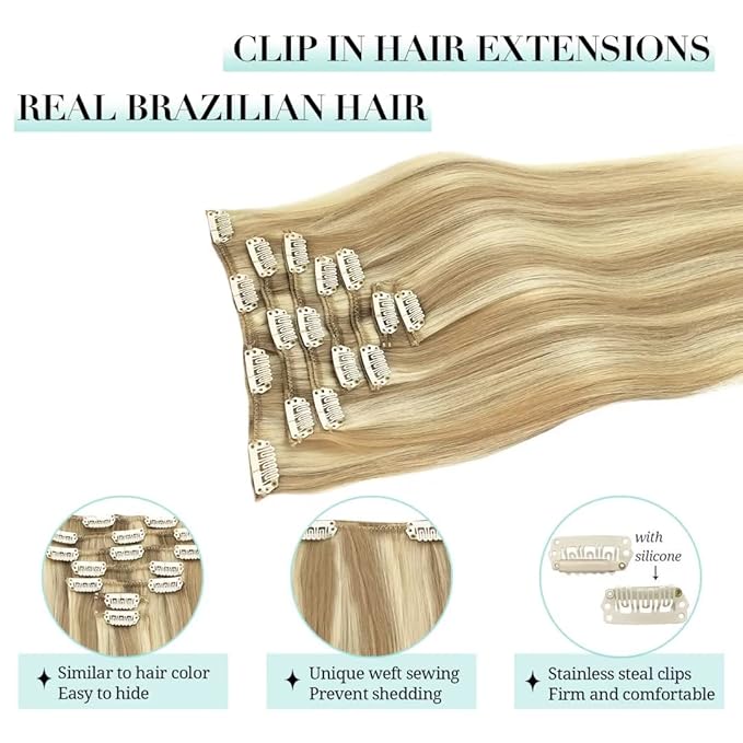 DOORES Clip-in Hair Extensions - Real Human Hair, Dark Blonde Highlighted Bleach Blonde 80g, 12 Inch, 7pcs Straight Natural Clip-ins