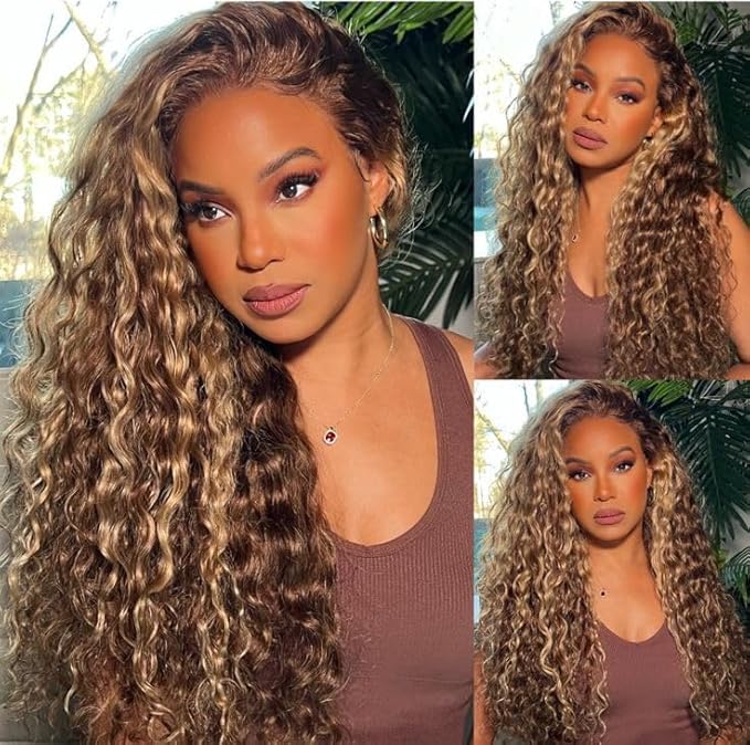 30 Inch Highlight Ombre Lace Front Wigs Human Hair 13x6 Honey Blonde Deep Wave Wig Human Hair 4/27 Glueless Deep Wave Human Hair Wigs Pre Plucked with Baby Hair for Women